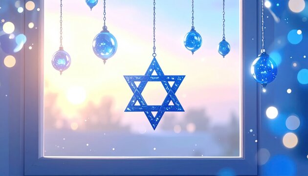 Star of David Decoration Hanging in Window with Bokeh Lights.