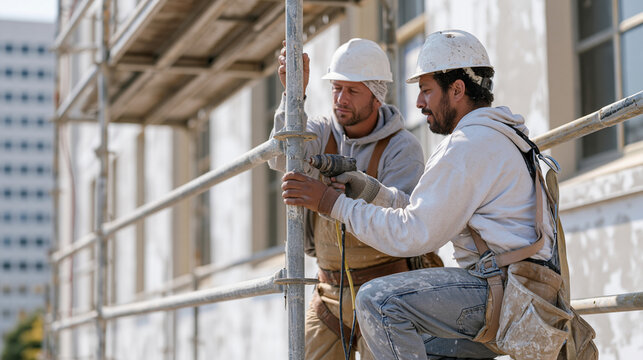 Two scaffolding technicians installing aluminum facade panels on heritage office building exterior, safety harnesses, power tools, urban backdrop, building envelope restoration, cladding installatio