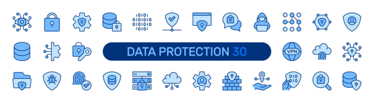 Data Protection filled icon set. Cybersecurity, Privacy, Digital Security, Network, Cyber Defense concept. Blue vector icons collection.