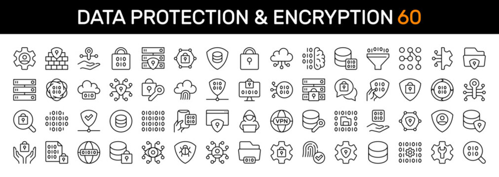 Data Protection & Encryption thin line icon set. Cybersecurity, Privacy, Digital Security, Network, Cyber Defense concept. Black outline vector icons collection.