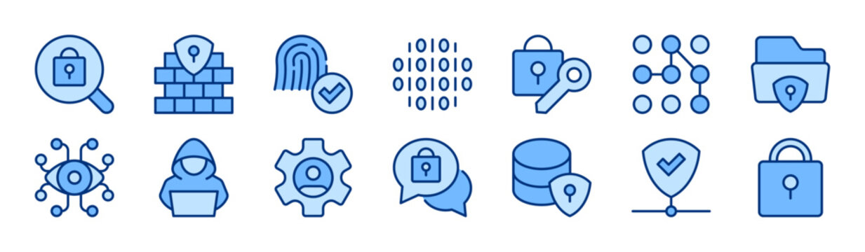 Data Protection filled icon set. Cybersecurity, Privacy, Digital Security, Network, Cyber Defense concept. Blue vector icons collection.