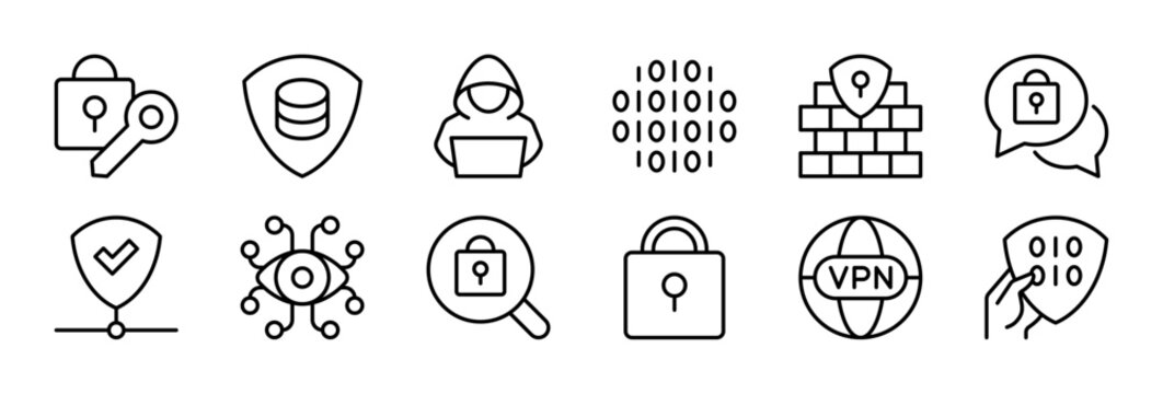 Data Protection thin line icon set. Cybersecurity, Privacy, Digital Security, Network, Cyber Defense concept. Black outline vector icons collection.
