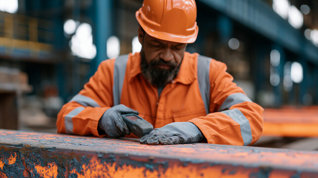 Steel mill quality control inspector using optical emission spectrometer handheld analyzer to verify alloy composition of freshly cast billet on cooling rack, single professional framing inside melt