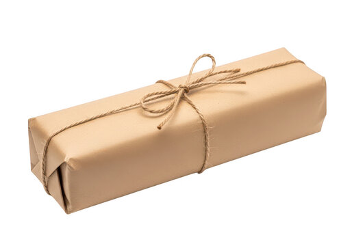 Long rectangular gift box wrapped in brown paper with rustic string isolated on transparent background