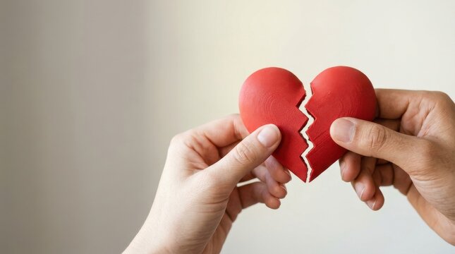 Emotional Relationship Concept with Hands Holding a Broken Red Heart, Website Banner with Copy Space for Mental Health, Divorce, and Healing Theme.