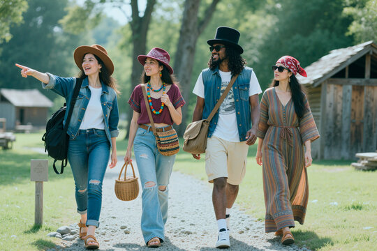 Multiethnic young adults walking along rural path, pointing and talking during group getaway, expressing friendship and leisure travel. Ideal for tourism, lifestyle marketing, social campaigns