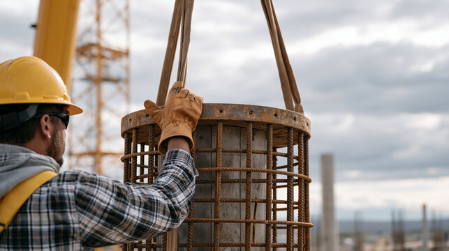 Rigger hand-signaling crane operator during caisson cage lift at deep foundation excavation, tag lines taut, overcast sky, foundation construction, drilled pier installation, heavy lift safety, civi