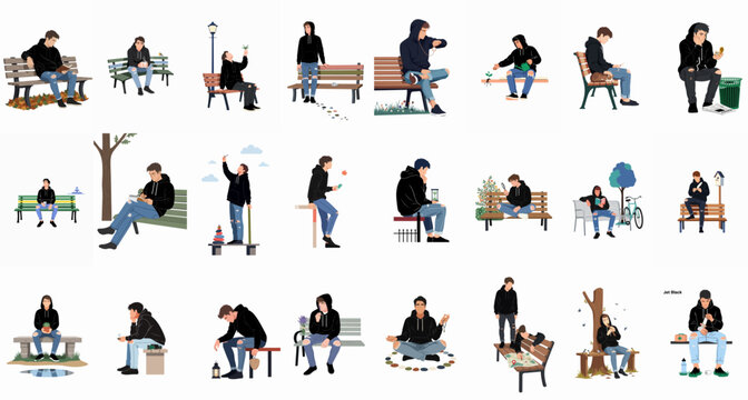 Comprehensive set of vector illustrations featuring a young man in a black hoodie and jeans engaged in various solitary activities and outdoor hobbies.