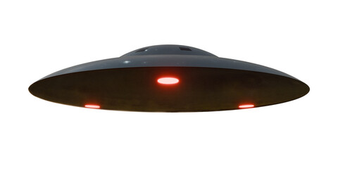 Recreated 3d Image of a classic flying saucer UFO, UAP with red lights on a transparent background. © Herbert