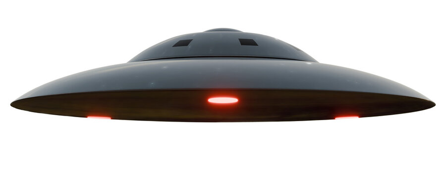 Recreated 3d Image of a classic flying saucer UFO, UAP with red lights on a transparent background.