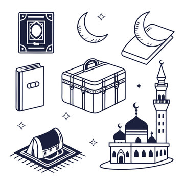 Islamic symbols vector, mosque, crescent moon, books, suitcase