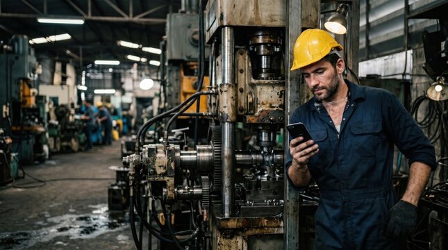 Distracted Factory Worker Using Smartphone Near Dangerous Industrial Machine