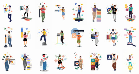 Fototapeta premium Comprehensive collection of 21 flat vector illustrations depicting diverse people engaged in technology, remote work, creative design, virtual reality, and digital communication activities.