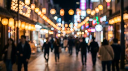 Fototapeta premium People walk down a city street at night with colorful lights