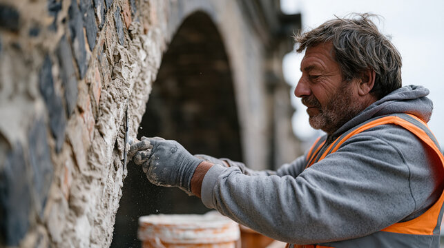 Elderly stonemason chipping deteriorated mortar from historic brick arch on nineteenth-century railway viaduct, preservation tools, lime mix bucket, overcast afternoon, heritage infrastructure conse