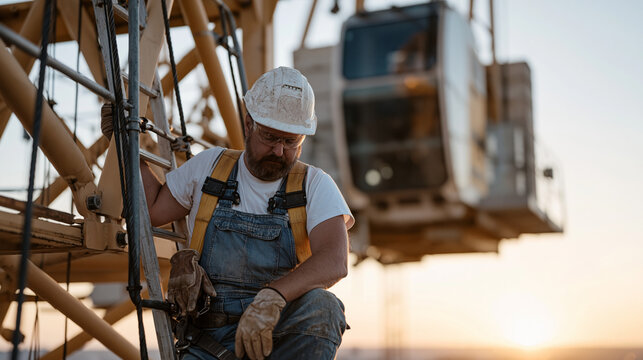 Crane operator descending ladder from cab on tower crane mast after long summer shift, industrial job site at golden hour, heavy equipment, high-rise construction, crane cab access, construction wor