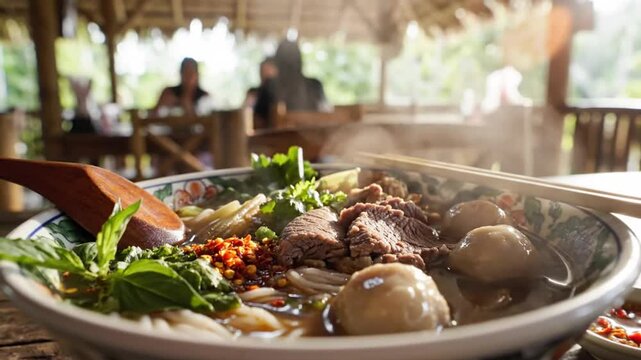 Steaming bowl of flavorful noodle soup served outdoors with fresh herbs and condiments, a culinary delight