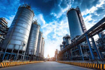 Obraz premium Industrial Petrochemical Plant with Tall Storage Silos and Blue Sky Overhead