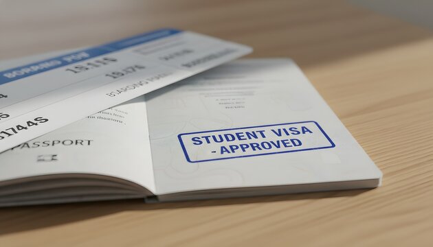 Close-up of an open passport with an approved student visa stamp and boarding pass on a wooden desk for international education and study abroad application concept