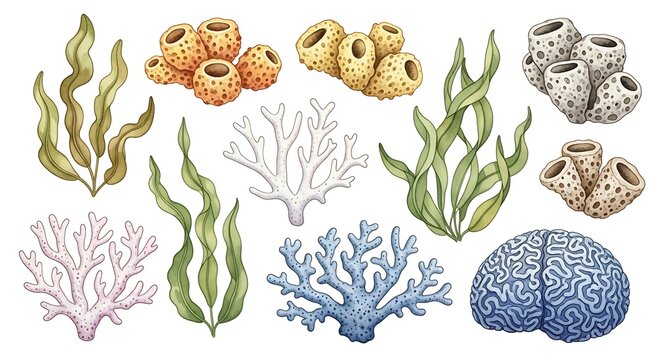 Colorful coral reef sea life illustration.