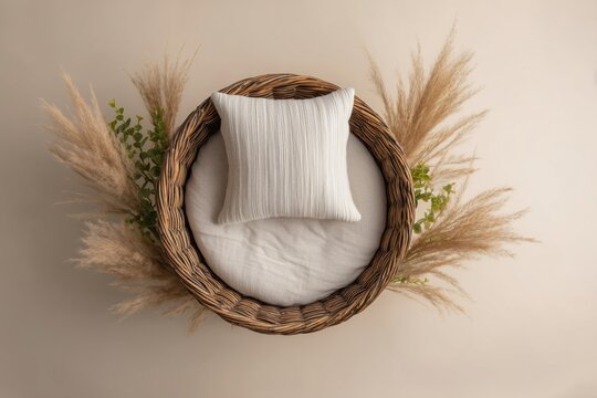 Rustic Woven Basket Prop with Pampas Grass and Pillow for Newborn Photography