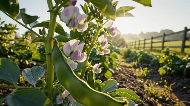 Close up view of broad bean plant in a lush garden with sunlight shining through the flowers