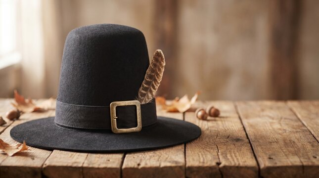 Traditional Pilgrim hat placed on wooden table with autumn leaves  
