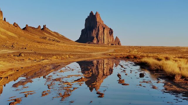 Calm water reflects Shiprock as the drone slowly ascends, creating a mirrored desert composition with subtle movement