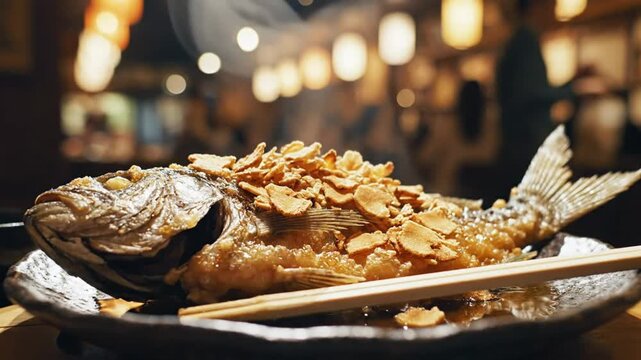 Delicious fried whole fish with crispy garlic flakes served on a plate with chopsticks in a restaurant setting
