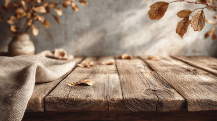 Naklejka premium Rustic wooden tabletop with scattered autumn leaves and soft fabric creates a warm seasonal background.