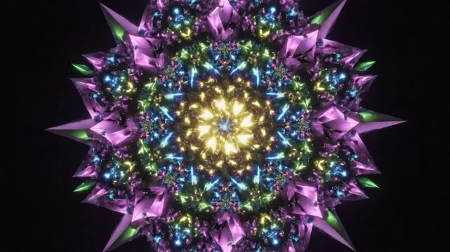 Abstract kaleidoscopic starburst fractal pattern with colorful crystal elements and dark background design