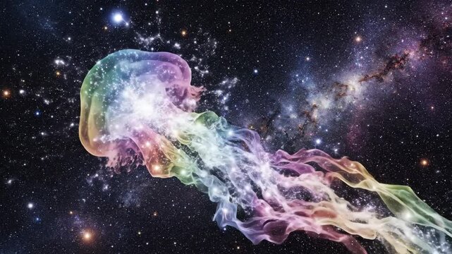 Luminous Colorful Cosmic Jellyfish Floating Through Deep Space Galaxy with Starry Background