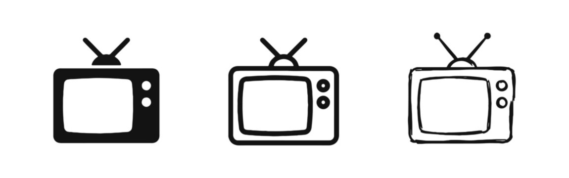 Retro television icons set, vintage old TV symbols with antenna in flat, outline and sketch styles