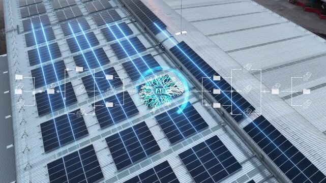 Glowing AI brain and digital data flow overlaid on industrial solar panels. Concept of powering artificial intelligence and meeting the high energy demand of big data with sustainable renewable energy