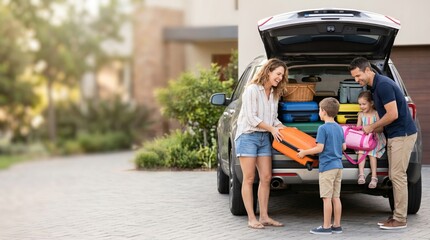 Happy family packing luggage into car trunk for summer vacation trip