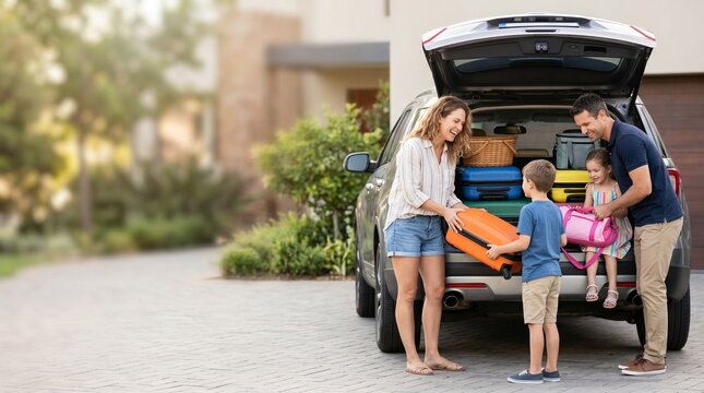 Happy family packing luggage into car trunk for summer vacation trip