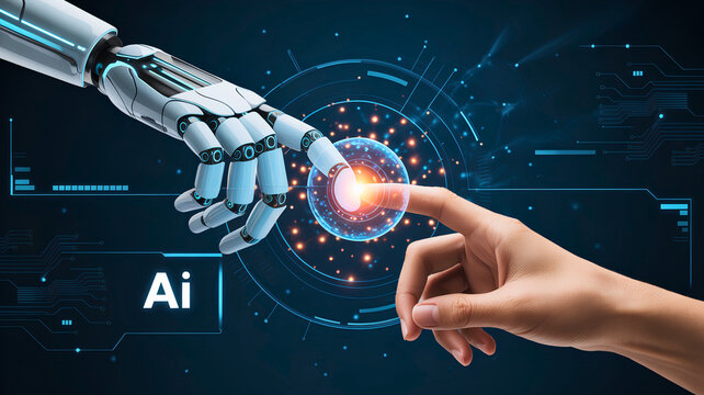 Human and artificial intelligence interaction, concept of future technology and innovation with digital data and connection