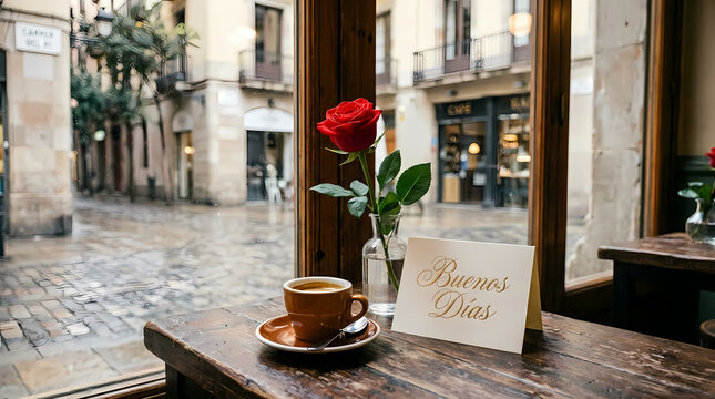 Cozy cafe table with coffee and rose overlooking rainy street