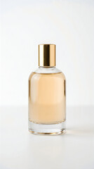 Naklejka premium Elegant Glass Perfume Bottle with Gold Cap on White Background