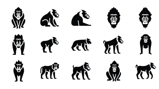 Collection of mandrill monkey silhouettes in diverse poses.