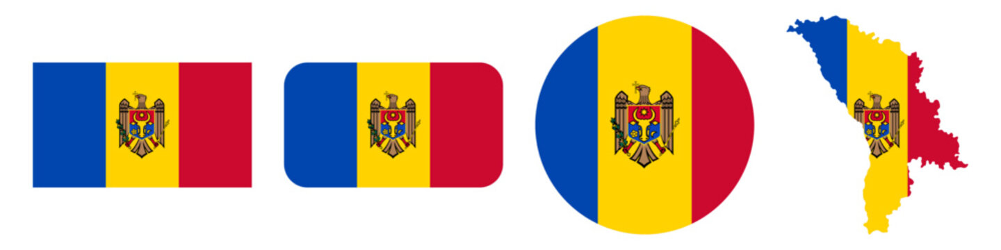 moldova circular flag, moldova rectangular flag, and moldova map flag flat icon