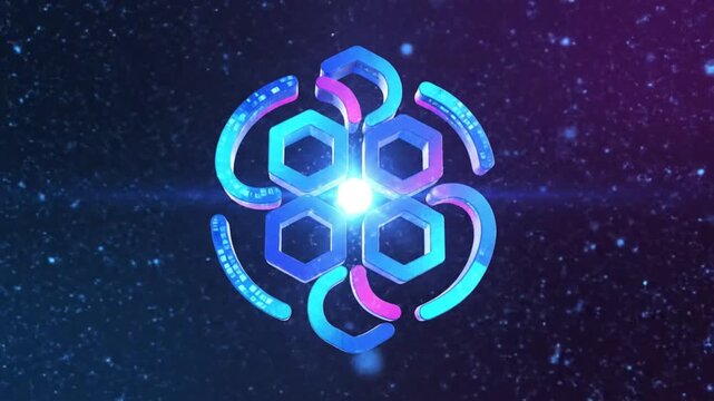 Futuristic abstract digital design animation of a glowing logo in space with light flares