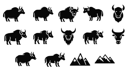 Obraz premium Yak and mountain landscape silhouette icons for adventure branding.