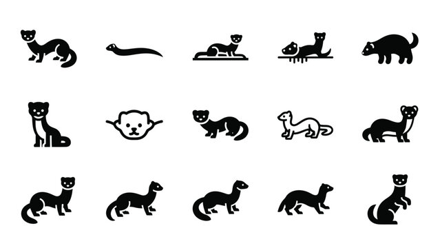 Marten and weasel silhouette icons set for wildlife projects.
