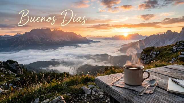 Scenic mountain sunrise with coffee on wooden table and 'Buenos Dias' text