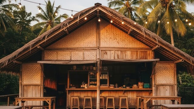 Rustic Bamboo Hut Bar with Thatch Roof and String Lights Amidst Palm Trees.