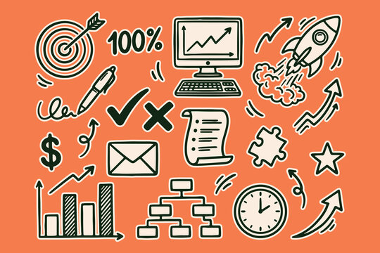 Business growth and success concept doodles with charts rocket computer and target, business