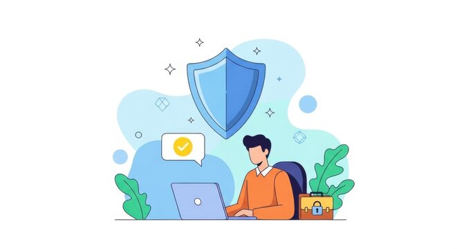 Modern Young Man Working on Laptop with Security Shield in Abstract Digital Workspace