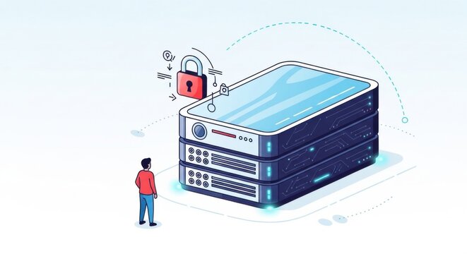Modern Secure Server Stack Illustration with Lock Icon and User in Minimal Tech Scene