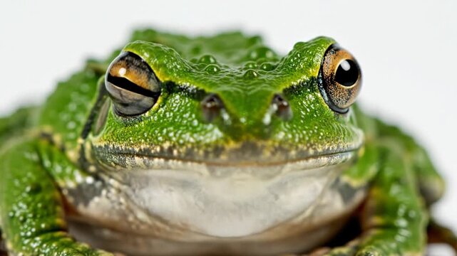 Close-up of a vibrant green frog with big round eyes and textured skin against a clean white backdrop